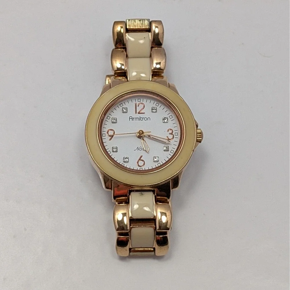 Armitron Now Womens Rose Gold Tone Cream Ceramic Bezel Watch 753896RG Untested